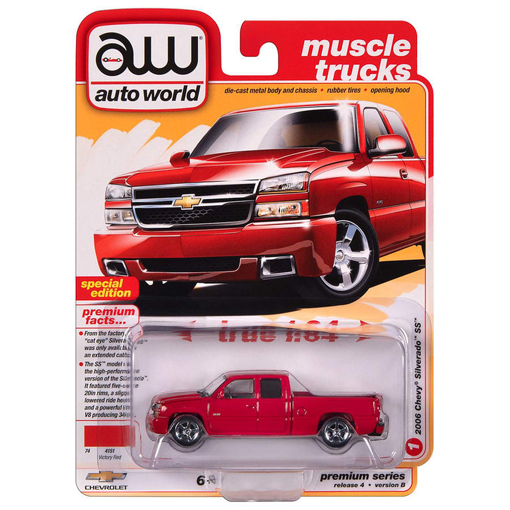 Red die-cast Chevrolet truck in packaging with 'auto world' branding