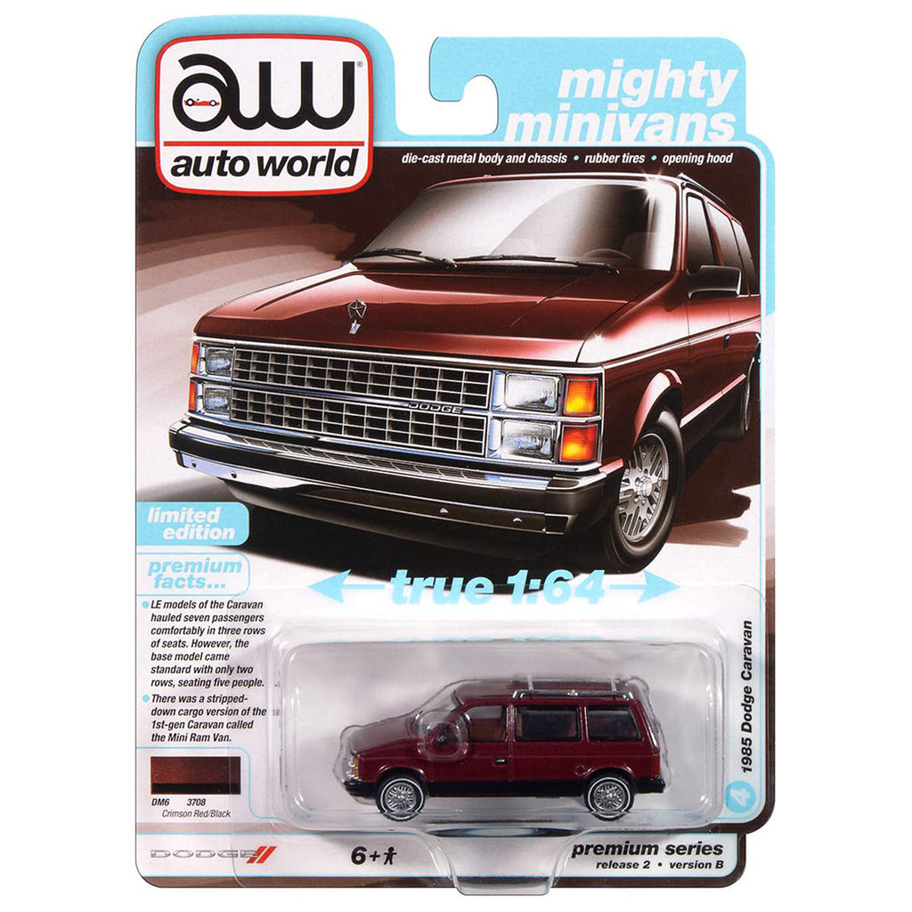 Model car packaging for a Dodge Caravan by Auto World with a red van on a white background.