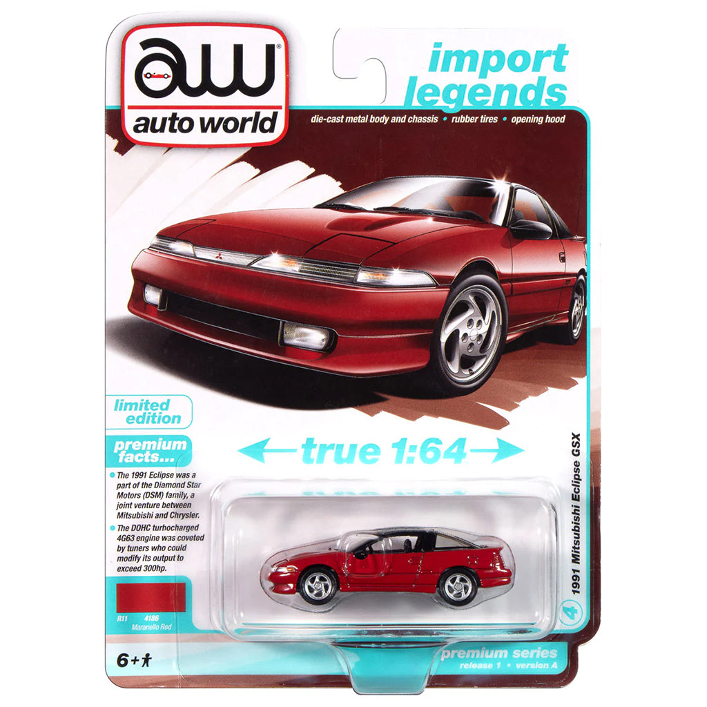 Red car model in packaging with 'auto world' branding
