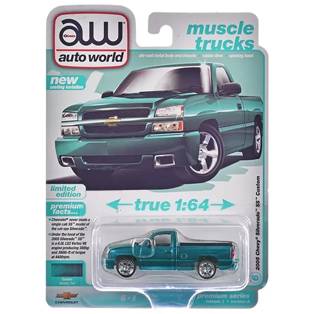 Auto World muscle truck model packaging with a green truck on a white background