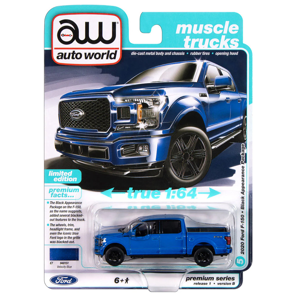 Auto World muscle truck model packaging with blue truck on a white background