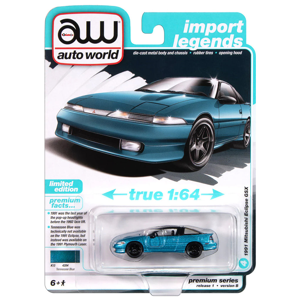 Auto World import legends die-cast car model packaging with a blue car on a white background