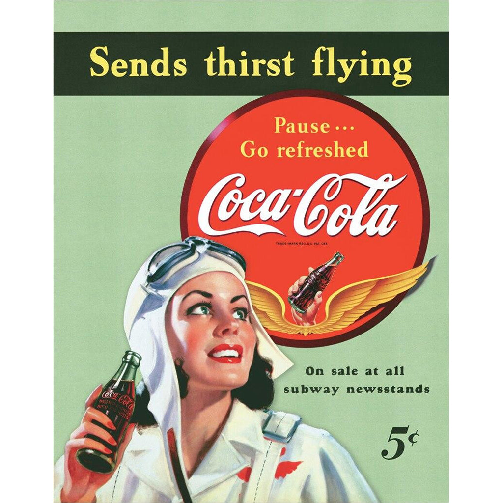 Vintage Coca-Cola advertisement with a woman in pilot gear holding a Coca-Cola bottle.