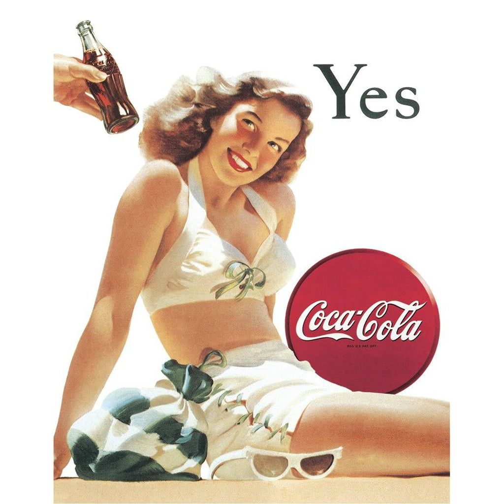 Vintage Coca-Cola advertisement featuring a woman in a bikini with a bottle of Coca-Cola.