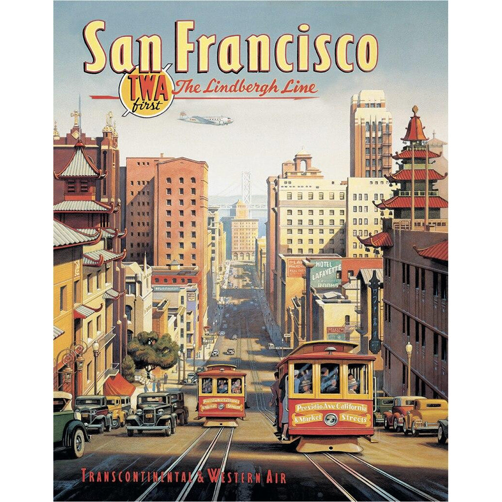 Vintage-style illustration of San Francisco with a cable car and cityscape.