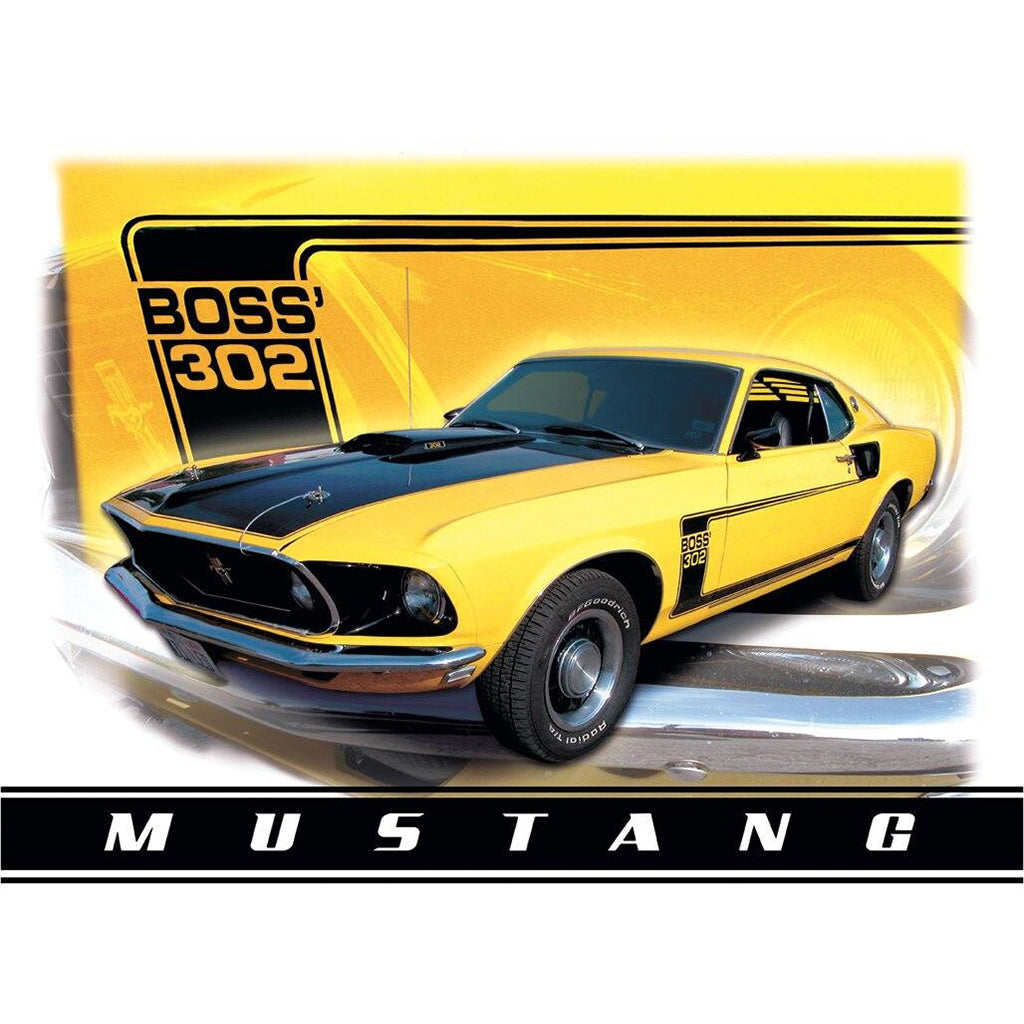 Yellow Mustang Boss 302 car on a white background