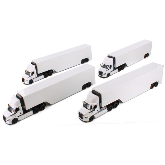 Four white model freightliner ecascadia with race car trailers toy trucks on a white background