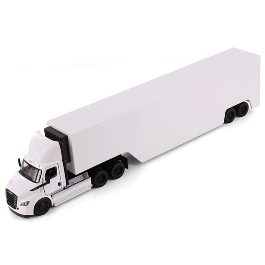 Model of a white freightliner ecascadia truck with race car trailer on a white background