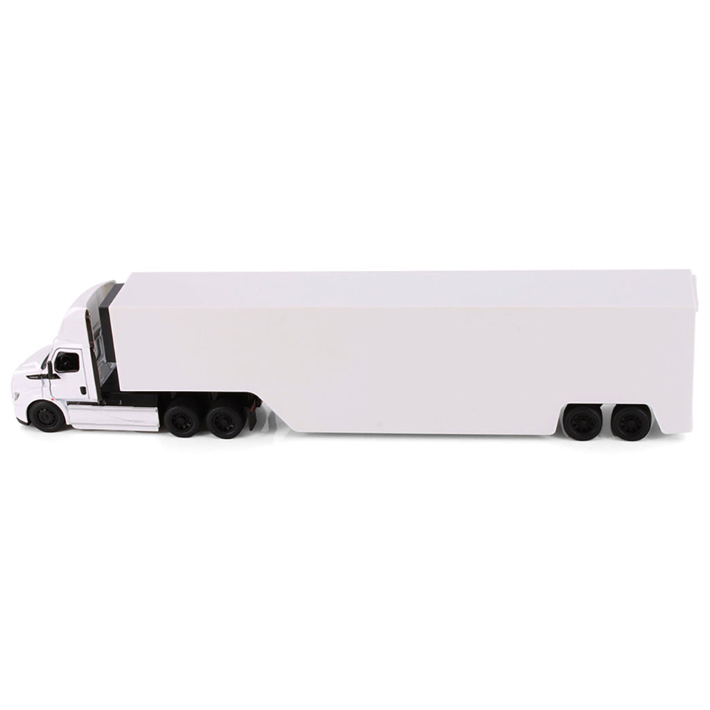 Model of a white freightliner ecascadia truck with race car trailer on a white background