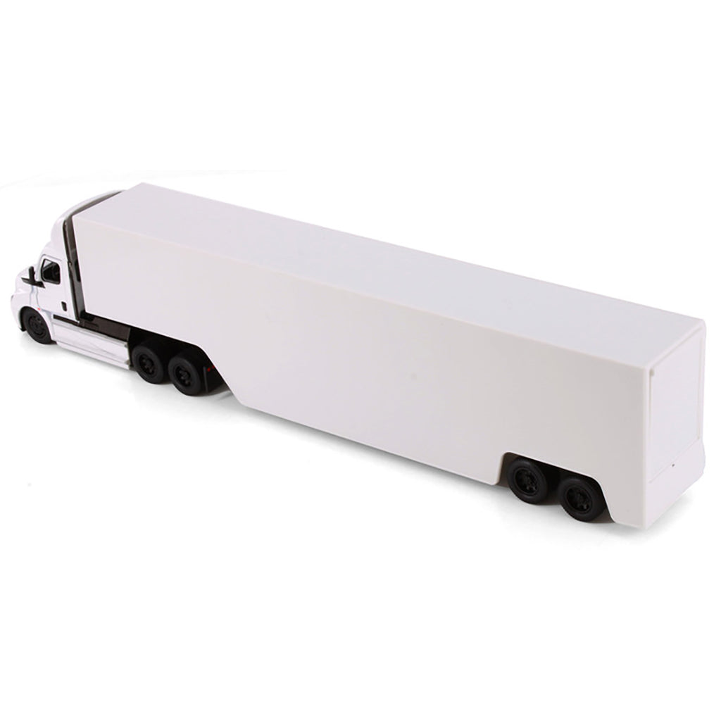 Model of a white freightliner ecascadia truck with race car trailer on a white background