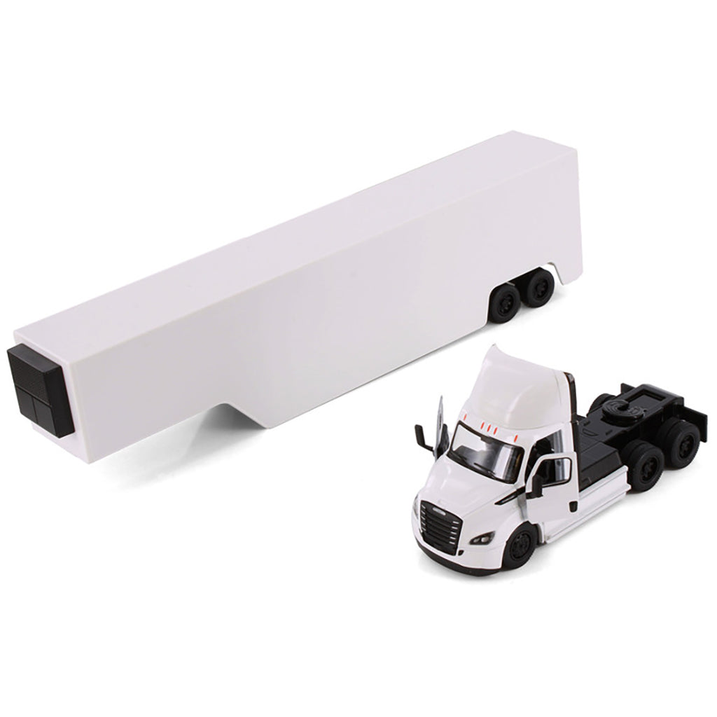 Model of a white freightliner ecascadia truck with race car trailer on a white background