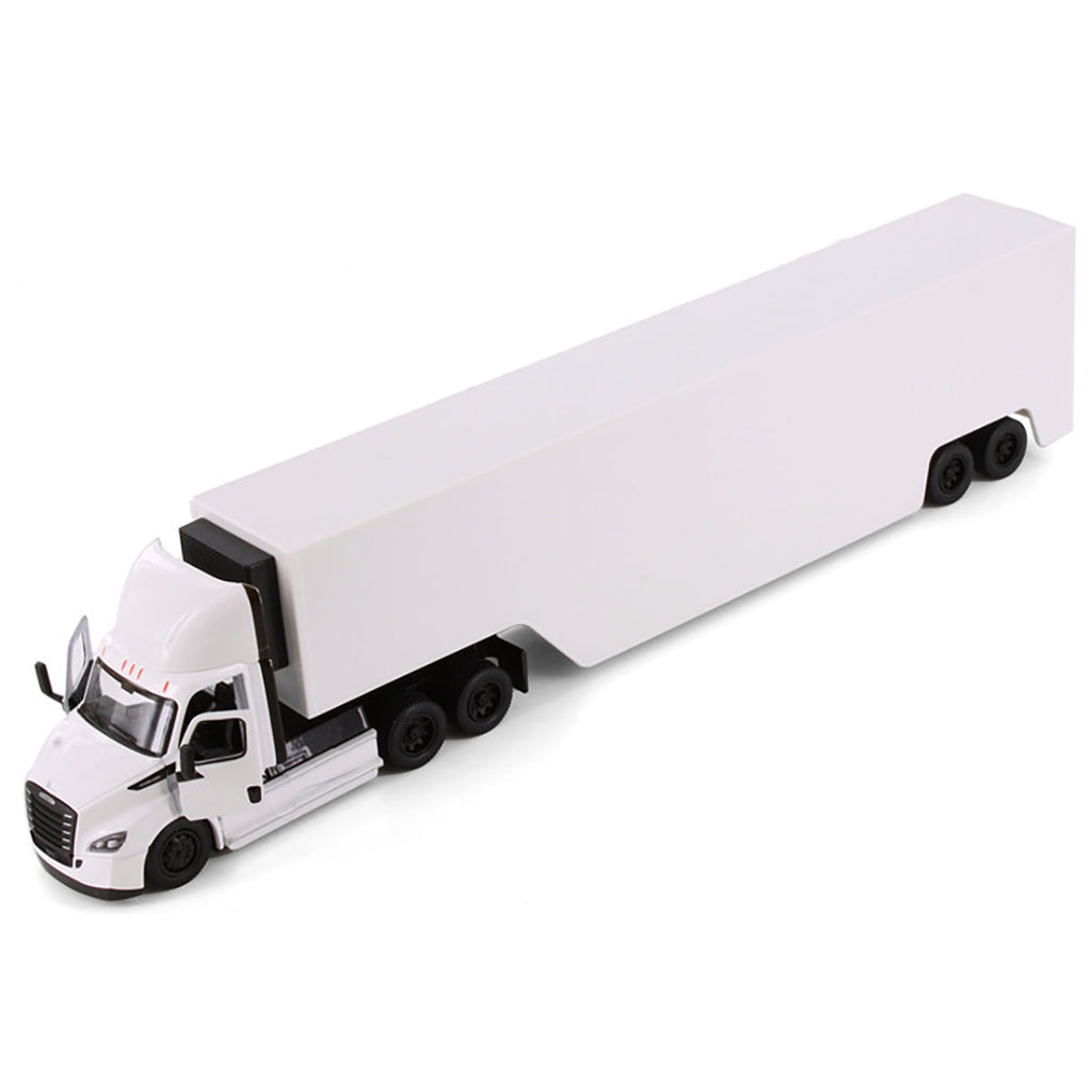 Model of a white freightliner ecascadia truck with race car trailer on a white background