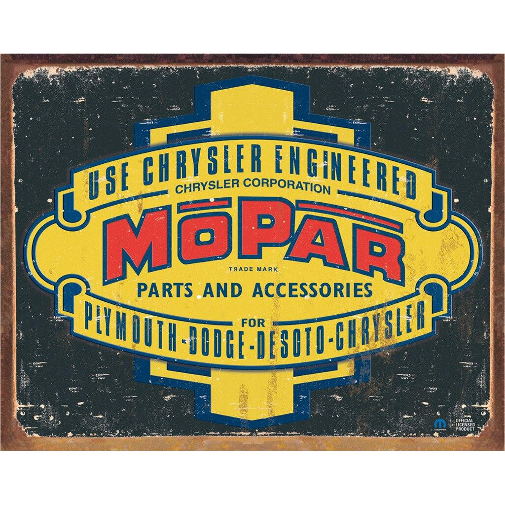 Vintage MOPAR logo with yellow and red text on a dark background