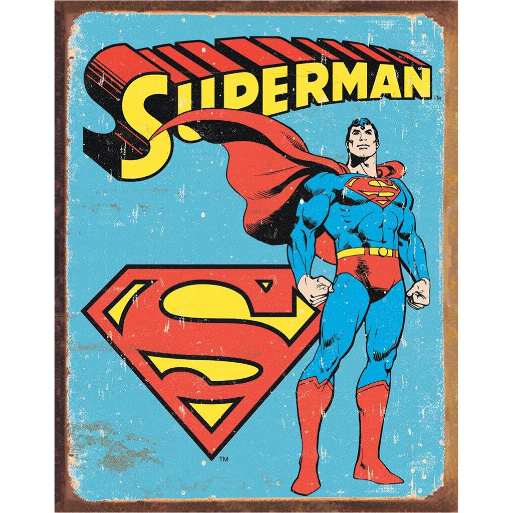 Vintage-style Superman poster with character and logo on a blue background