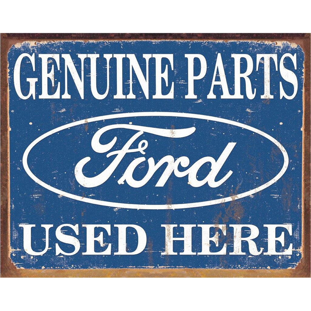 Vintage-style sign with 'Genuine Parts Ford Used Here' text and logo on a blue background.