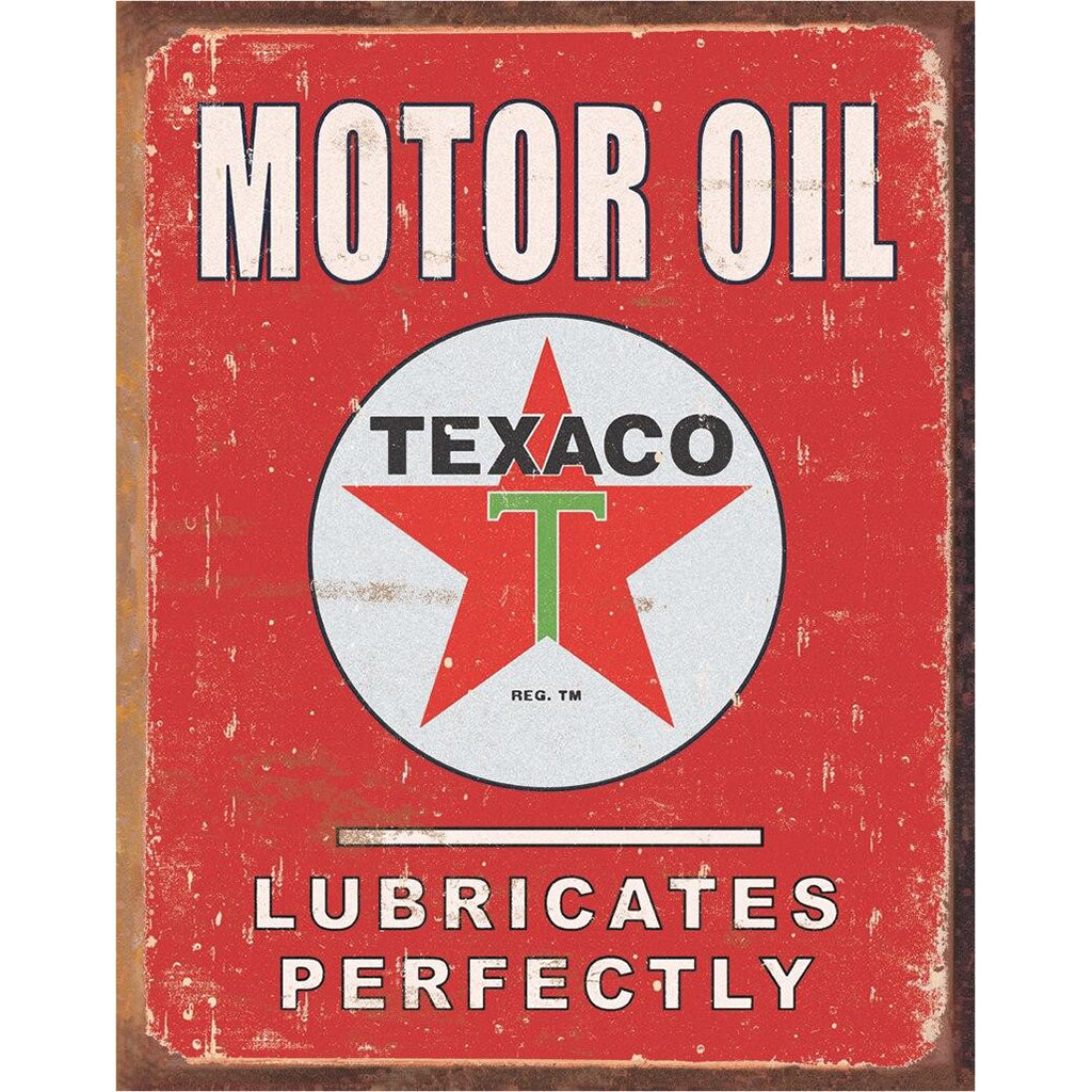 Vintage Texaco motor oil sign with red background and white text.