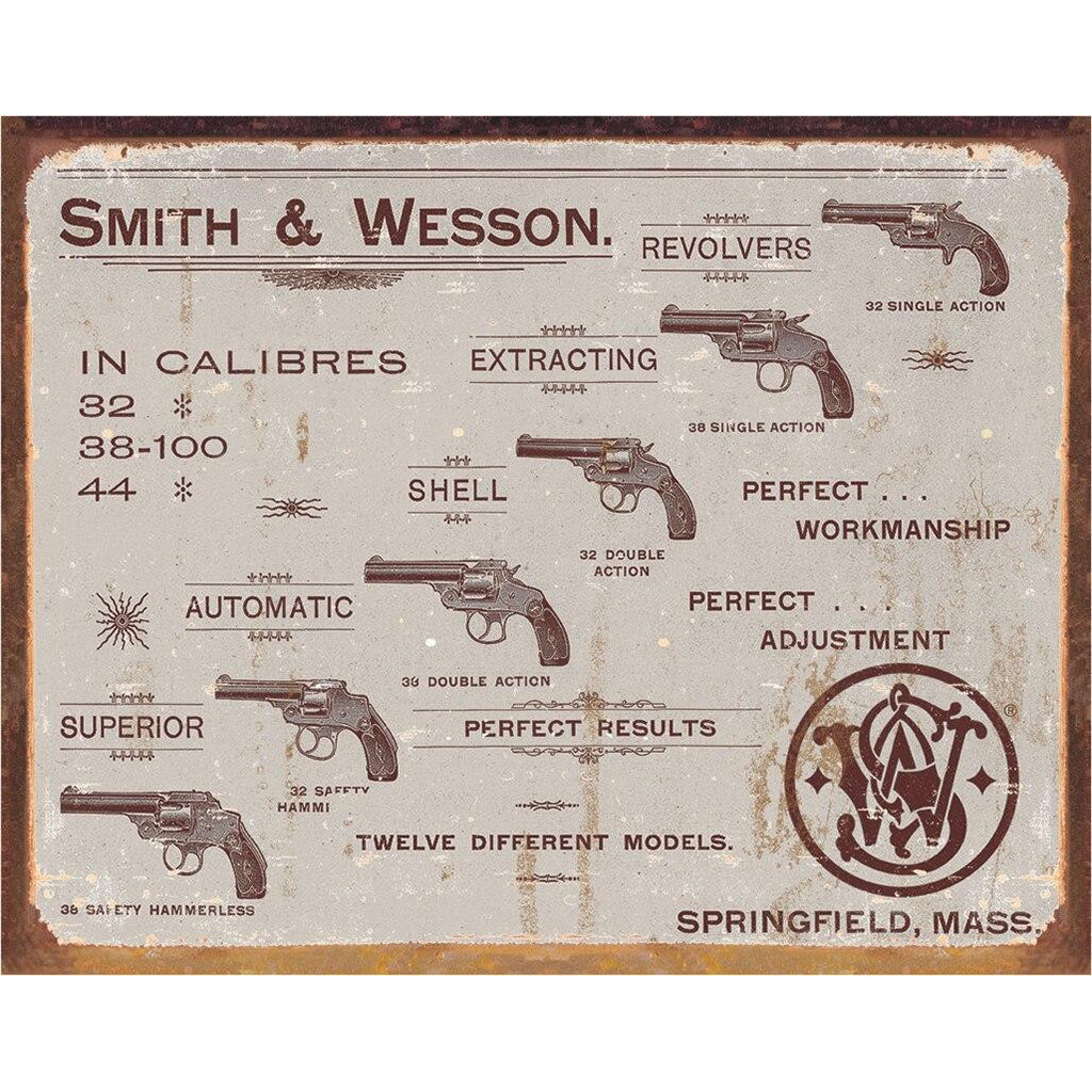 Vintage-style Smith & Wesson advertisement poster with gun illustrations and text.
