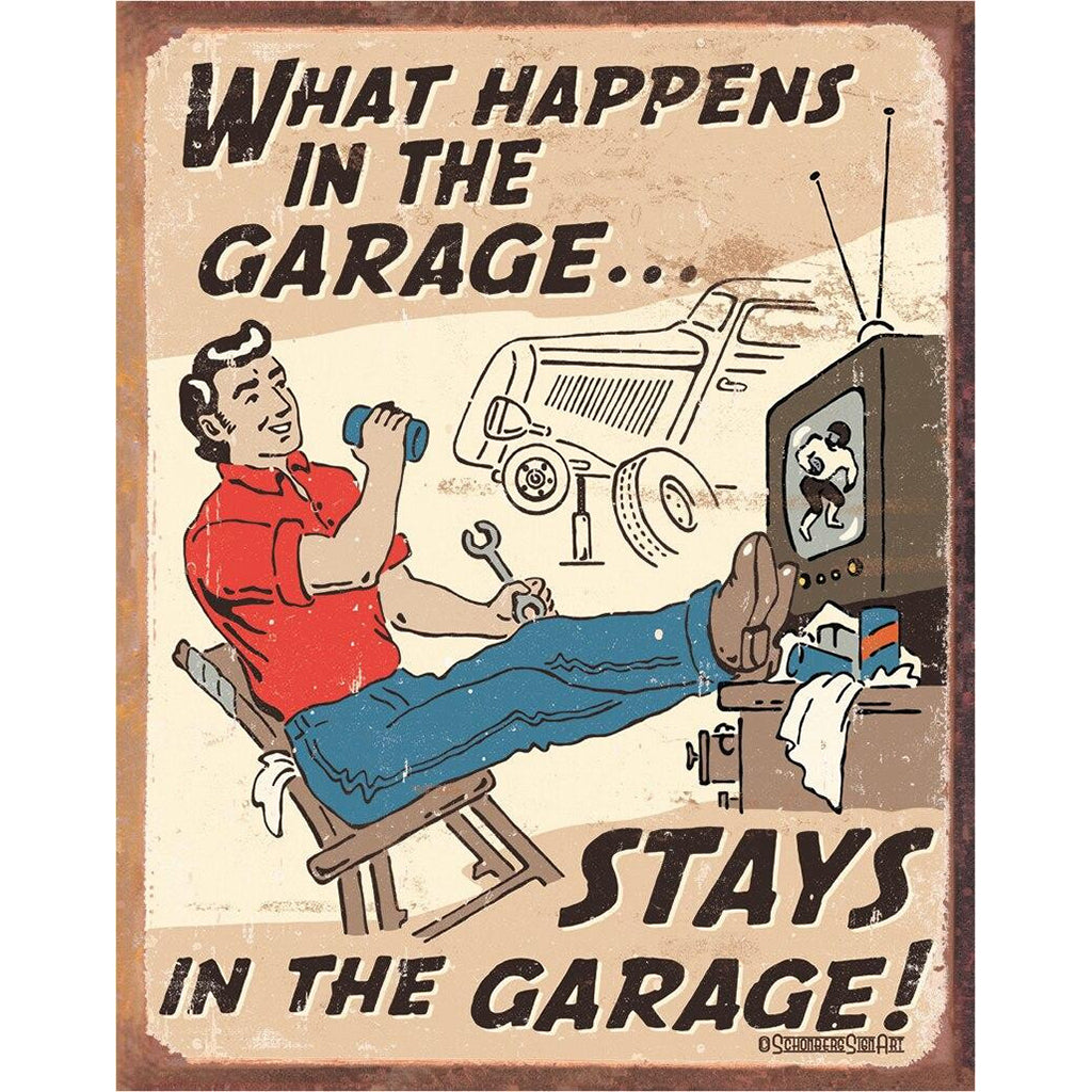 Vintage-style poster with a cartoon man in a garage, watching TV, and text 'What happens in the garage.