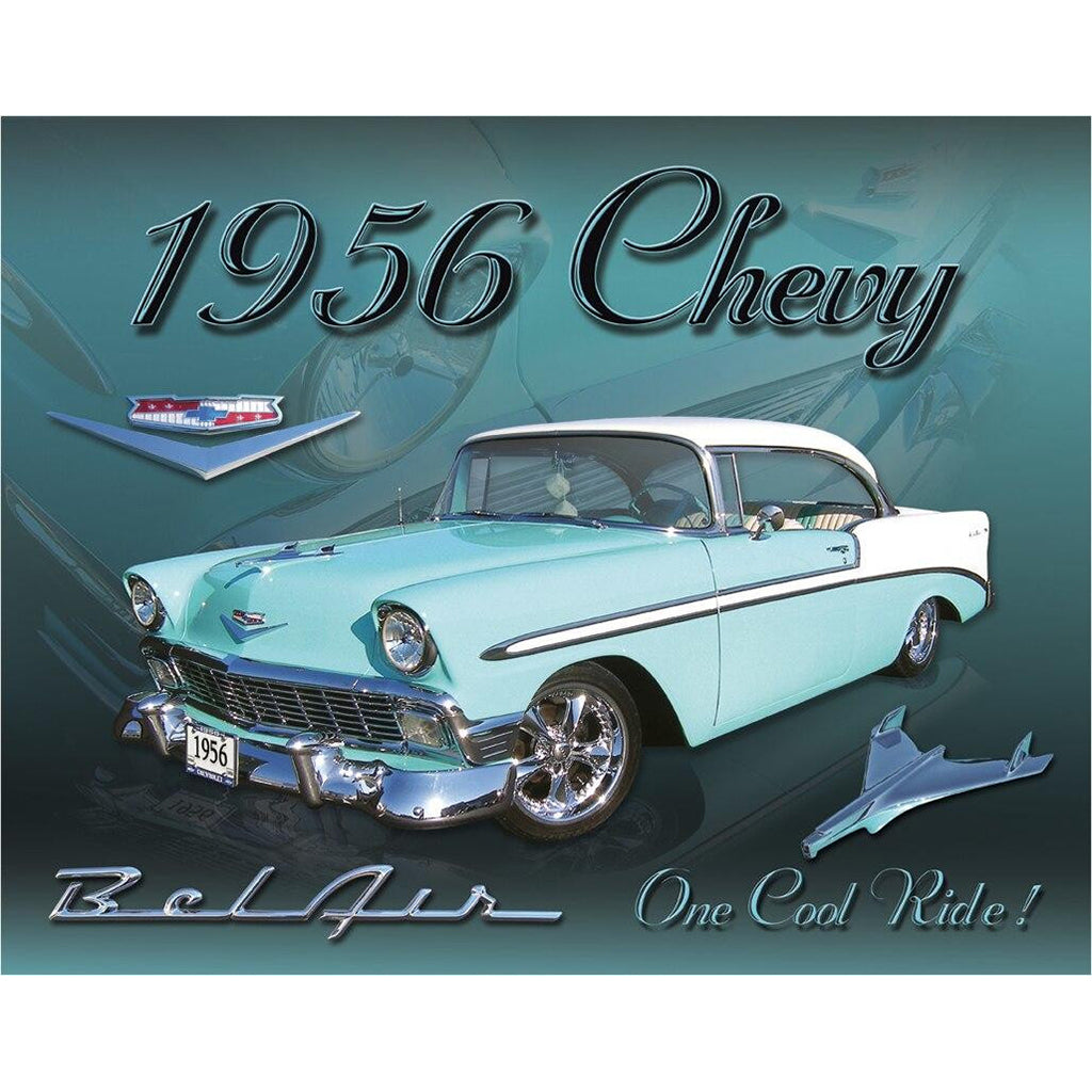 1956 Chevrolet Bel Air car on a green background with text