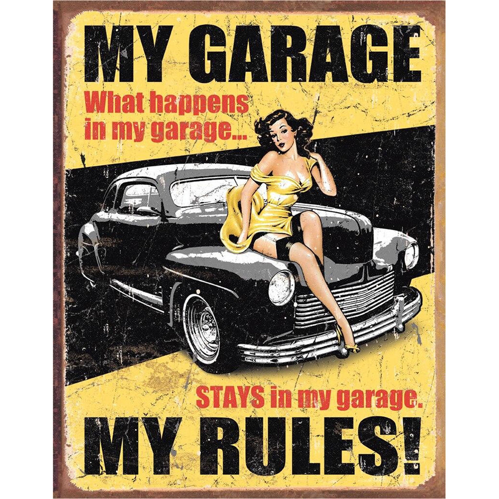 Vintage-style sign with a woman sitting on a classic car, text 'My Garage, What happens in my garage.