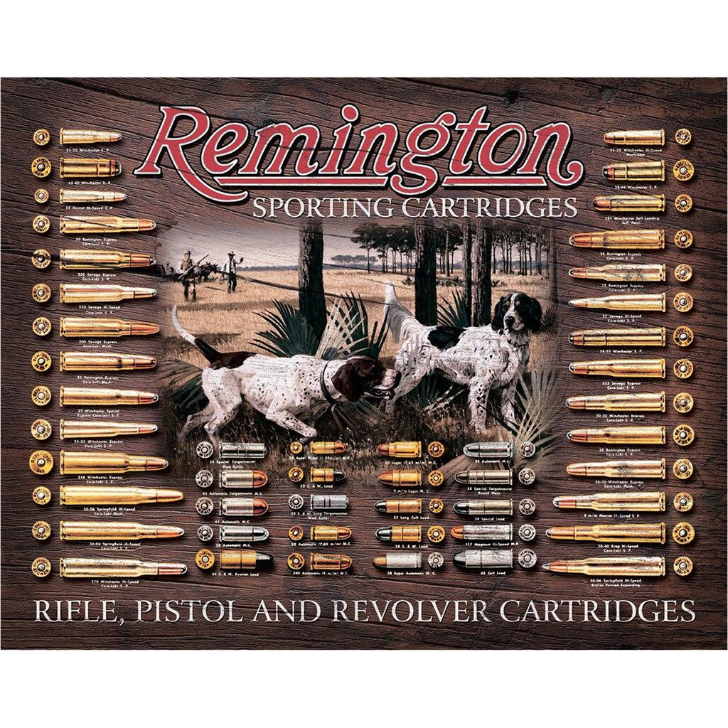 Remington sporting cartridges display with hunting scene and bullets on a wooden background