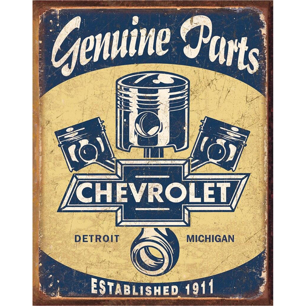 Vintage-style sign with Chevrolet logo and automotive parts illustration.