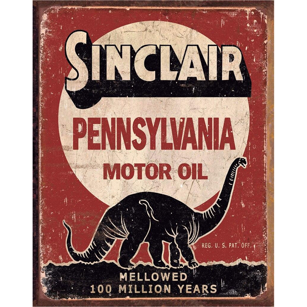 Vintage Sinclair Pennsylvania Motor Oil sign with a dinosaur graphic on a red background