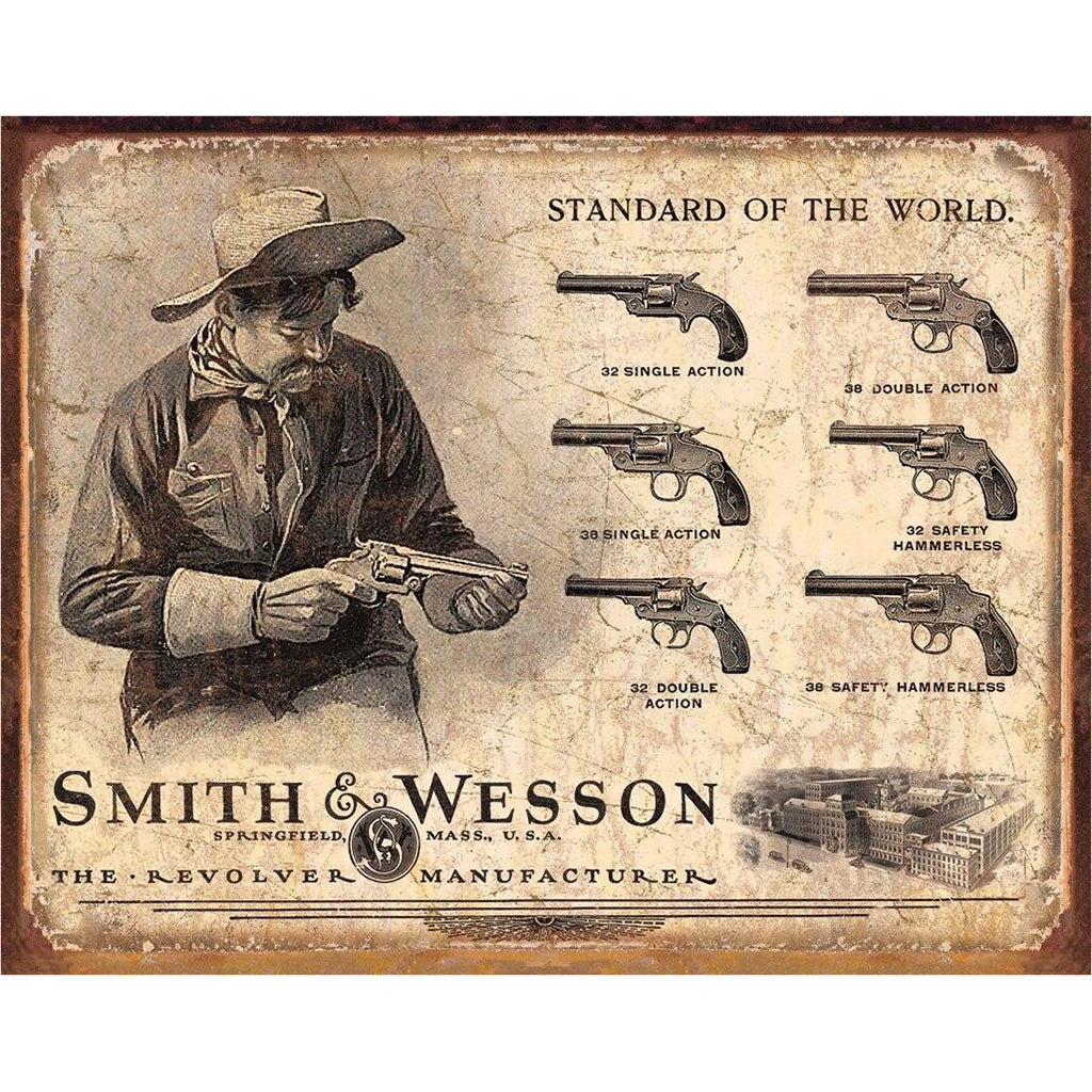 Vintage-style advertisement for Smith & Wesson revolvers featuring a man with a hat and revolvers.
