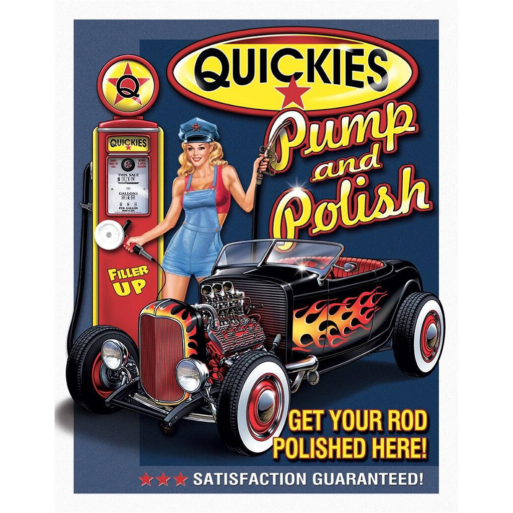 Vintage-style advertisement for 'Quickies Pump and Polish' with a hot rod and woman at a gas pump.