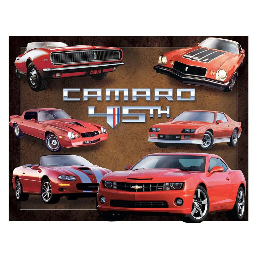 Collection of red Camaro cars displayed against a brown background with 'Camaro 45th' text.
