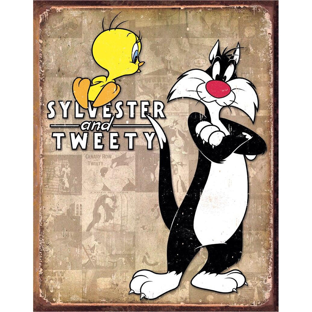 Vintage-style poster featuring Sylvester and Tweety with a retro background.