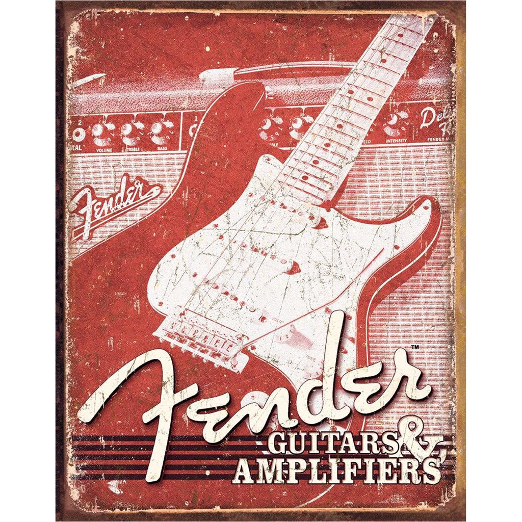 Fender guitars and amplifiers advertisement with a red background and white guitar illustration.