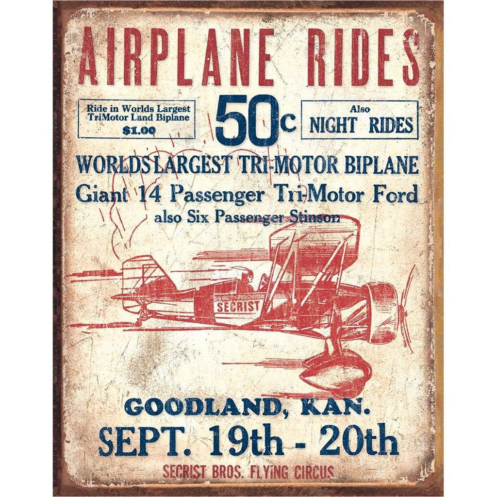 Vintage-style advertisement poster for airplane rides with an airplane illustration.