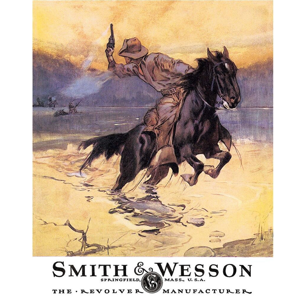 Vintage advertisement for Smith & Wesson featuring a cowboy on horseback.