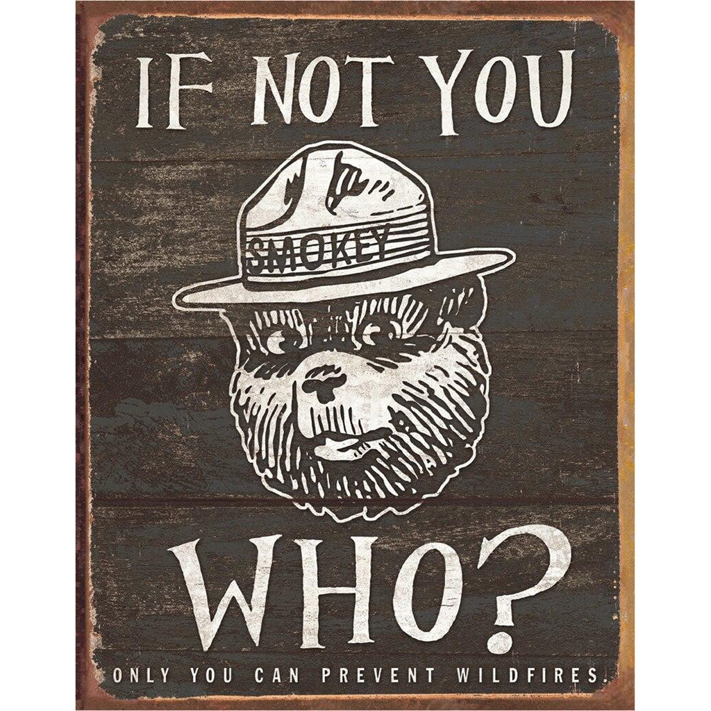 Vintage-style sign with Smokey the Bear illustration and text on a wooden background