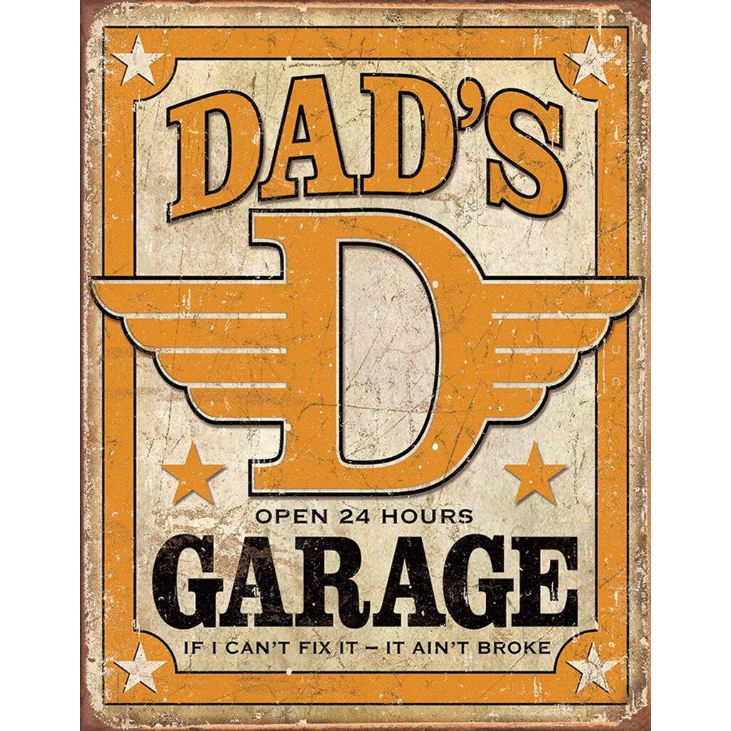 Vintage-style sign with 'Dad's Garage' text and decorative elements on a beige background.