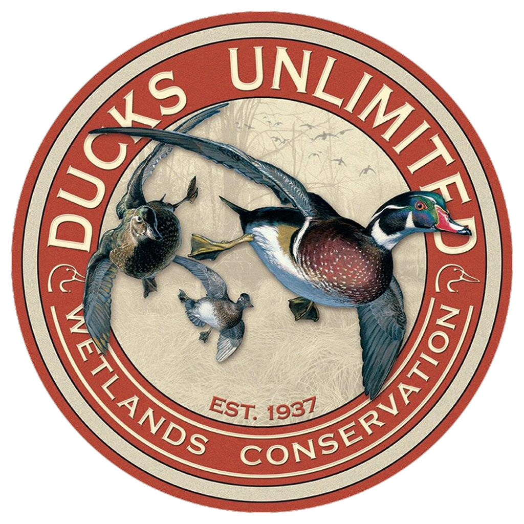 Round Sign with the Ducks Unlimited Logo Featuring a Few Flying Ducks