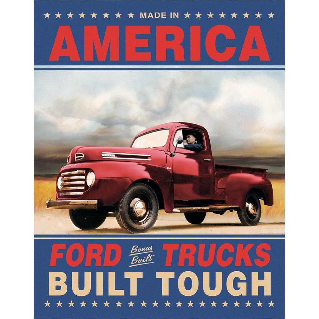 Vintage-style advertisement for Ford trucks with a red truck on a blue background.