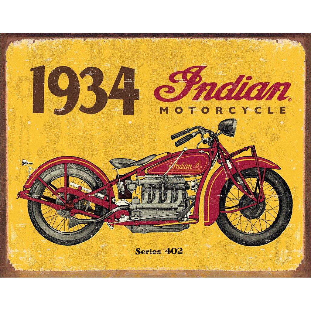 Vintage-style sign featuring a 1934 Indian Motorcycle on a yellow background.