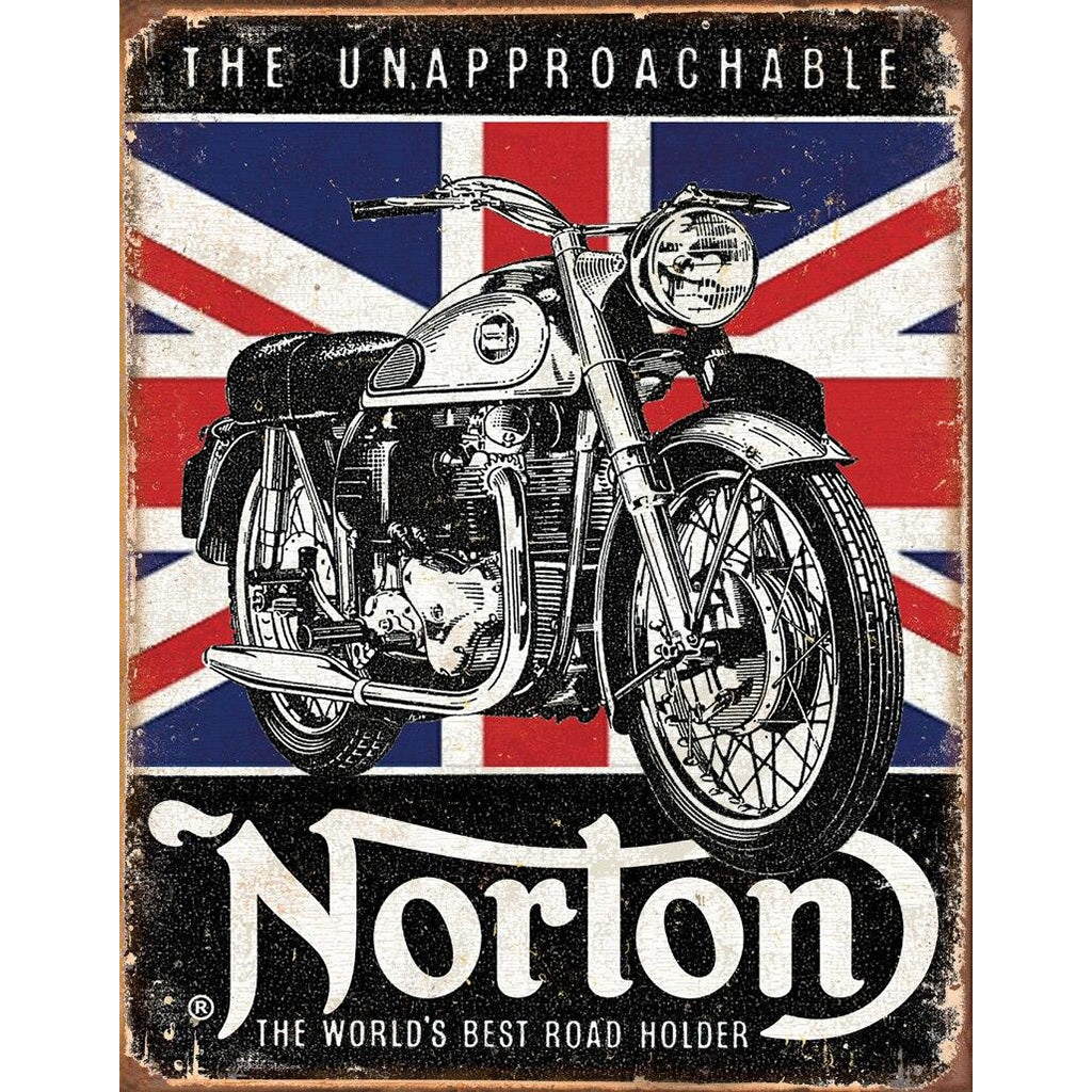 Vintage-style sign with Norton motorcycle design on a Union Jack background