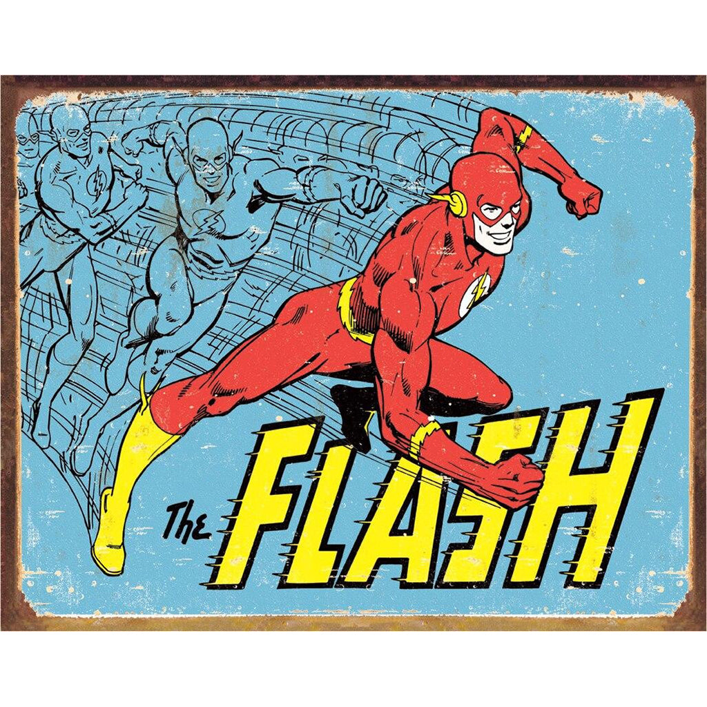 Vintage-style poster of The Flash running with a blue background