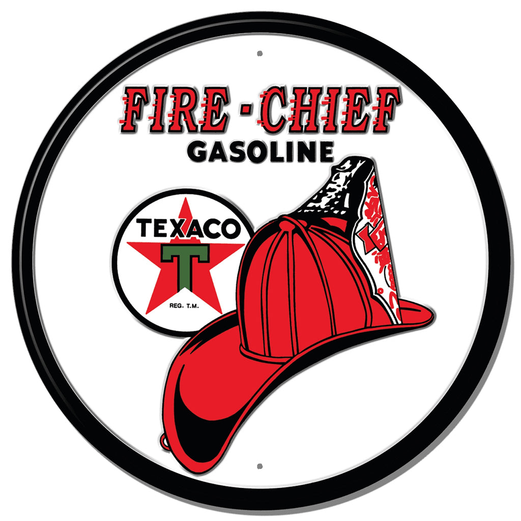 Round sign with red fire chief helmet and Texaco logo on a white background