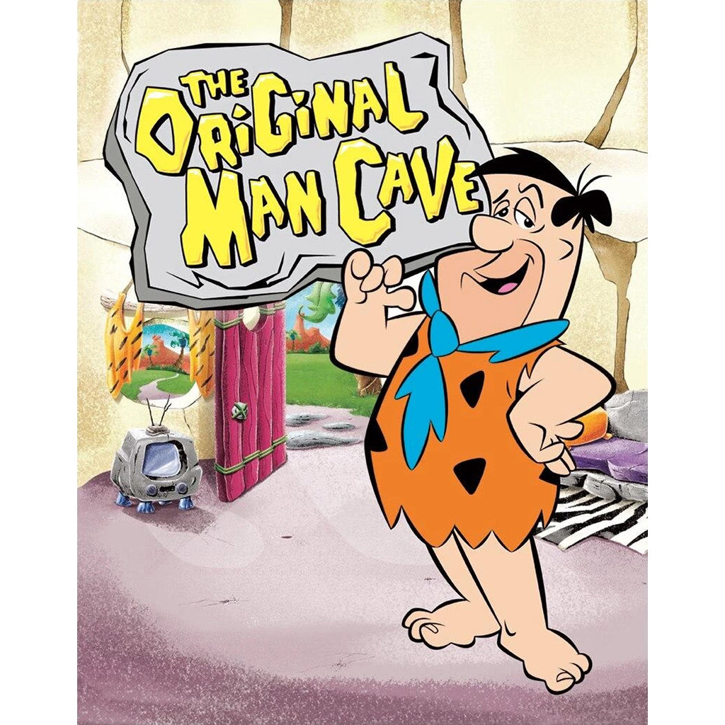 Colorful Tin Sign with Fred Flintstone in His Cave Home with a Sign that Reads The Original Man Cave