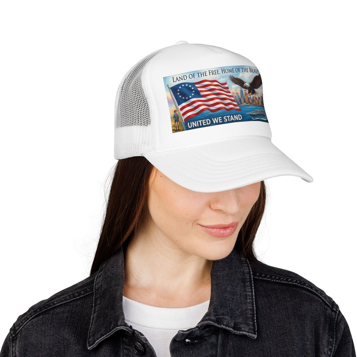 Patriotic Trucker Hat — "United We Stand" American Flag & Eagle Foam Cap