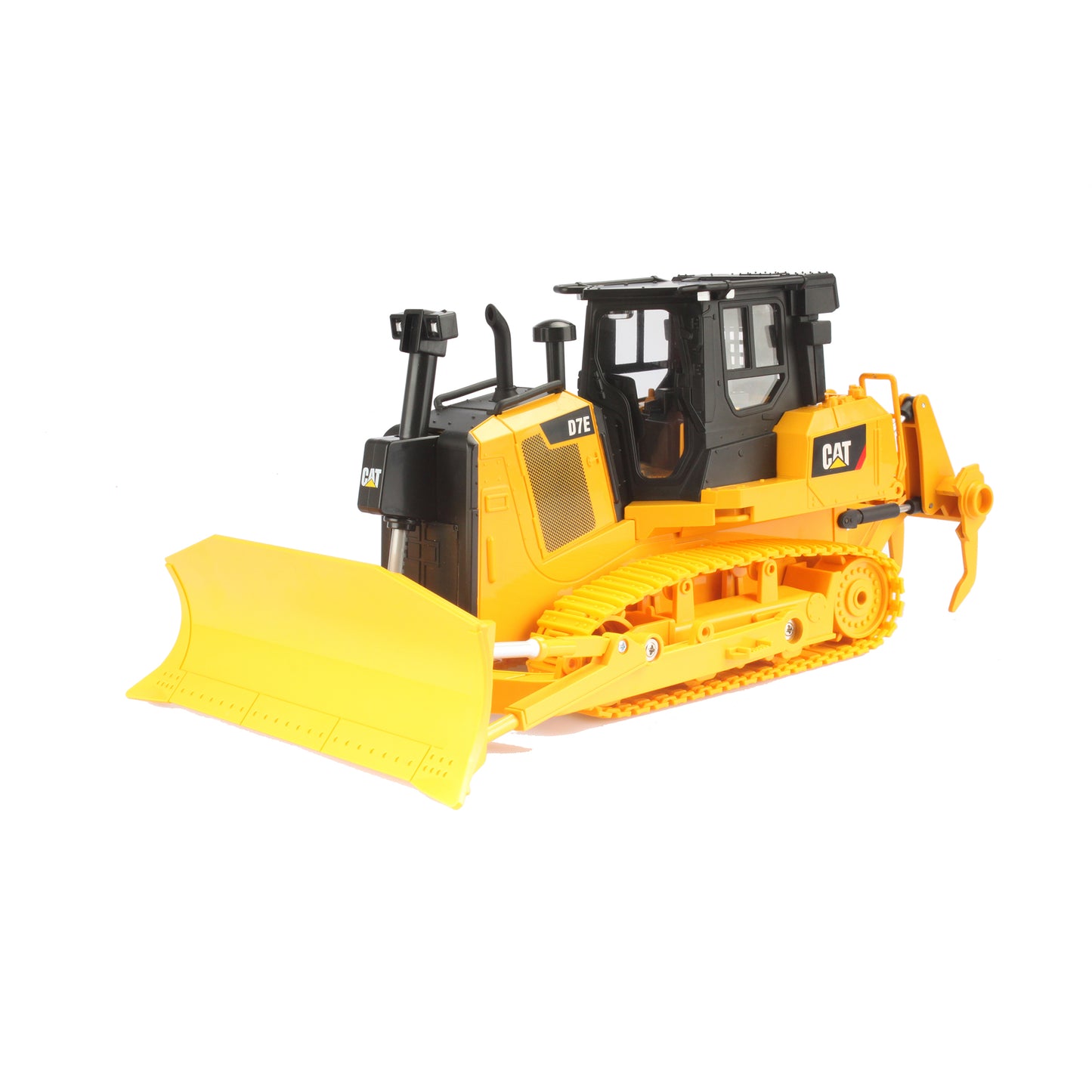 Remote Controlled Model of a CAT Yellow & Black Caterpillar D7E Track Type Dozer with Rear Ripper on a White Background