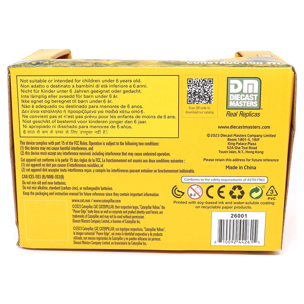 CAT brand yellow and black remote control excavator toy in its original yellow retail packaging, featuring a 6+ age rating and construction-themed graphics.