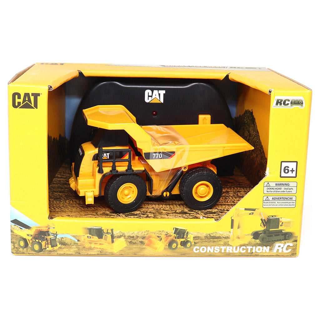 1:64th Scale Radio Controlled Model of a Yellow & Black Caterpillar 770 Dump Truck in Yellow Packaging on a White Background