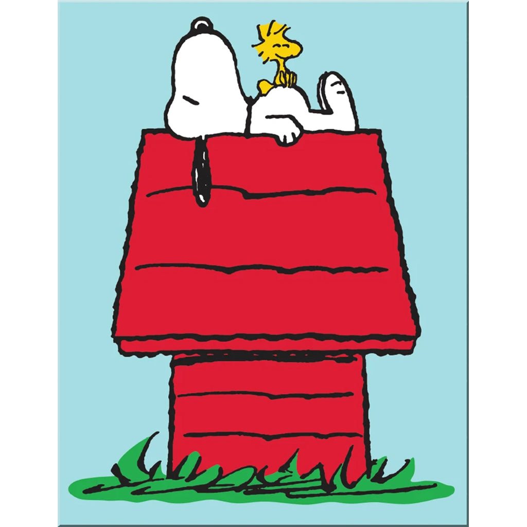 Tin Sign Printed of a Poster of Woodstock Sitting on Top of Snoopy Who is Sitting on Top of his Red Dog House with Grass Around the Base of the Dog House