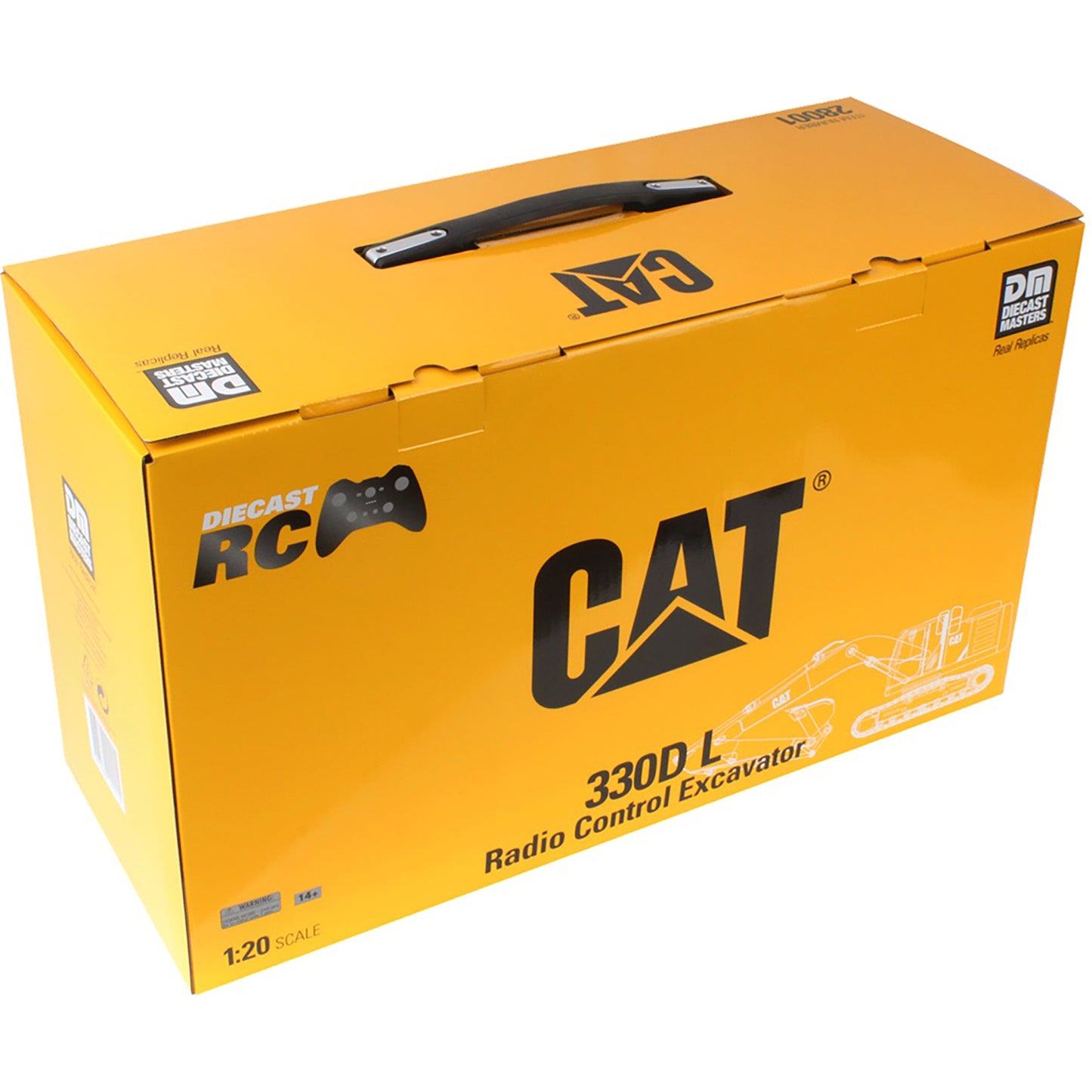 CAT 330D L Radio Control Excavator 1:20 scale diecast RC car in its original yellow and black retail box, featuring a carrying handle on top.