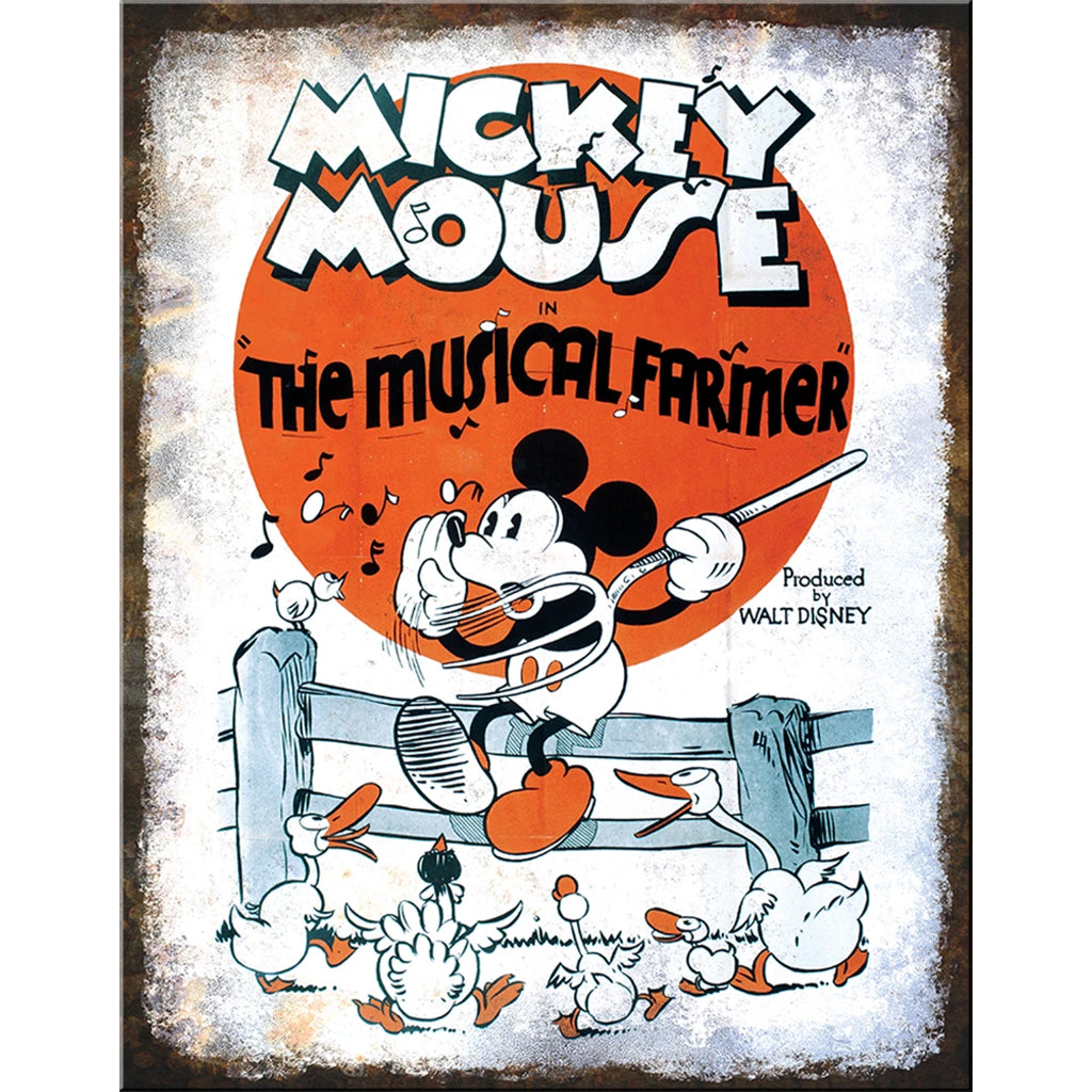 Tin Sign with the Cartoon Movie Poster for Mickey Mouse in The Musical Farmer Produced by Walt Disney